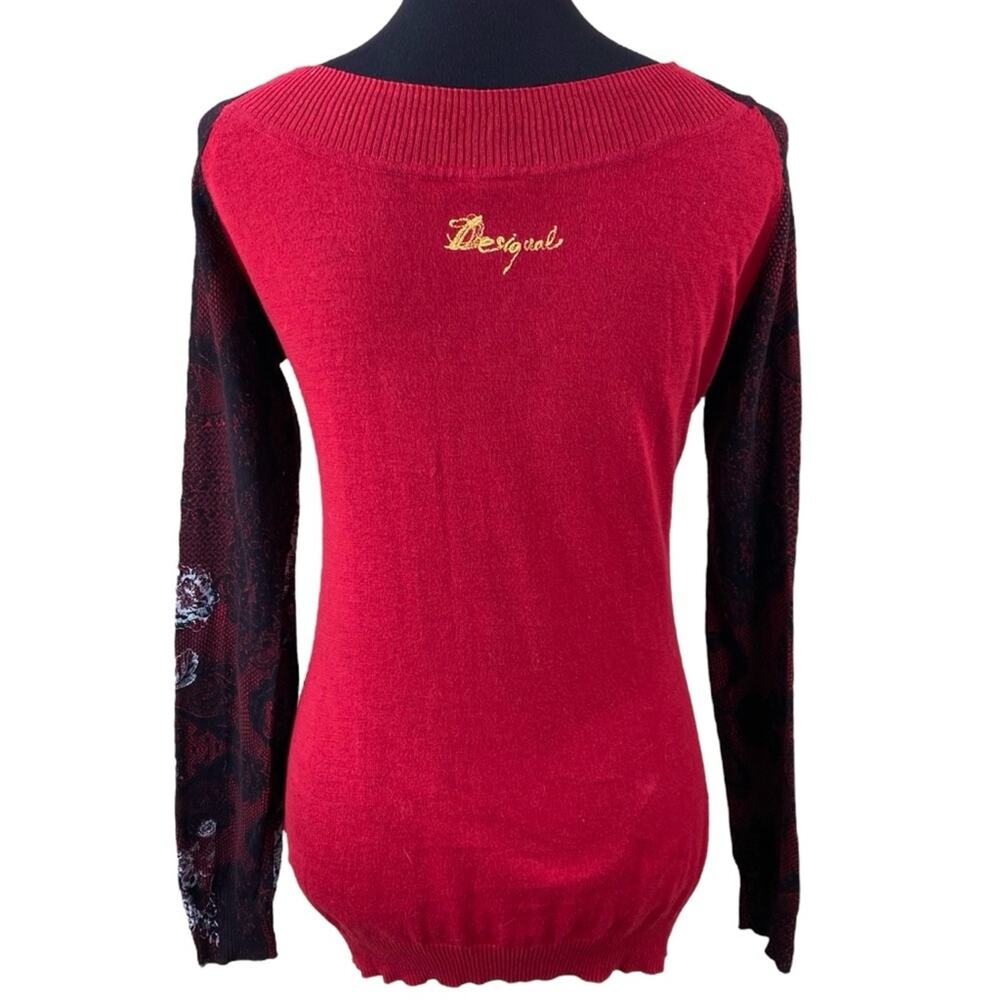 Desigual Boho Cotton Floral Sweater Size S/M Red Black Art To Wear - Picture 3 of 5